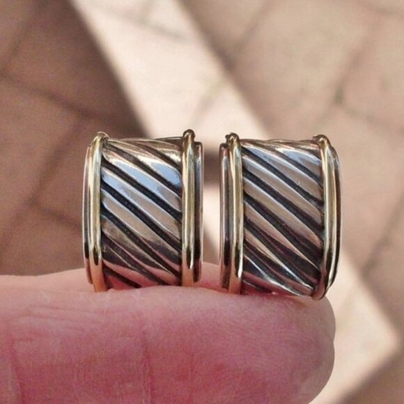 Retired David Yurman Cigar Band Earrings - 14K/925 - Omega Backs - Picture 3 of 7